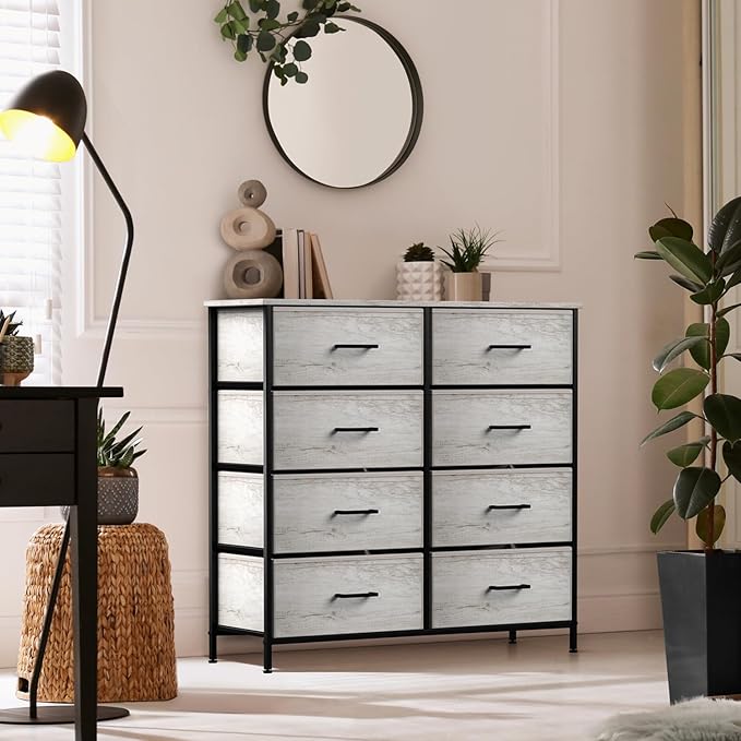 Sorbus Dresser with 8 Faux Wood Drawers - Chest Organizer Unit with Steel Frame Wood Top & Handle Easy Pull Fabric Bins for Clothes - Storage Furniture for Bedroom, Hallway, Living Room & Closet