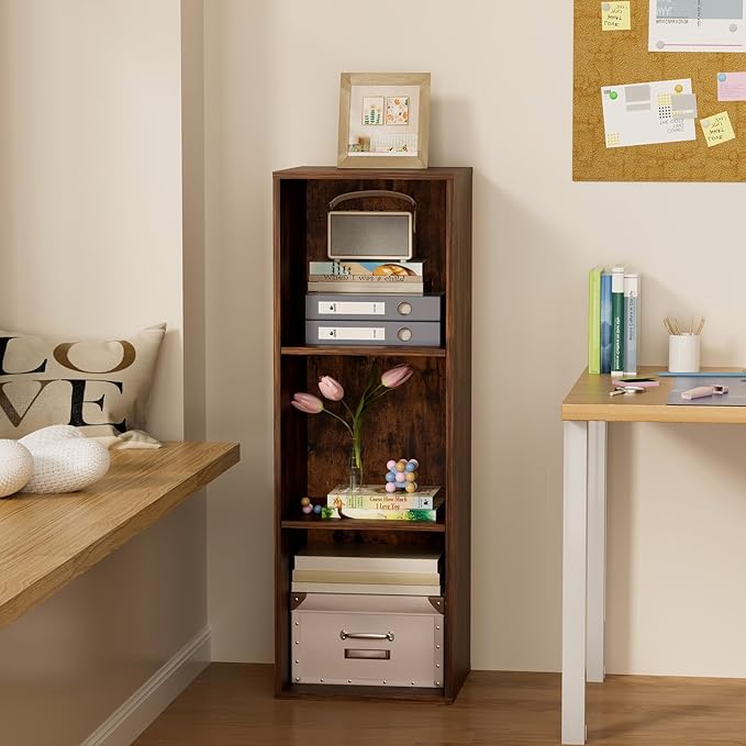 3 Tier Bookshelf, Narrow Bookcase for Small Spaces, Wooden Book Case Bookshelves Storage Organizer for Bedroom Living Room Home Office (Retro Brown, 3 Cube)
