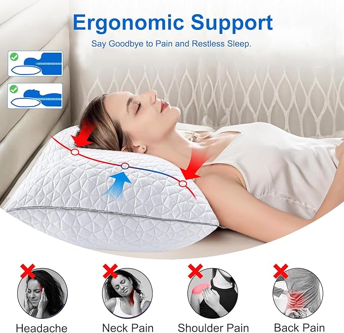 Cooling Pillows Standard Size Set of 4, Shredded Memory Foam Pillows, Adjustable Firm Bed Pillows Cool Cold Pillow for Hot Side Back Stomach Sleepers with Removable Washable Cover, 20" x 26", White