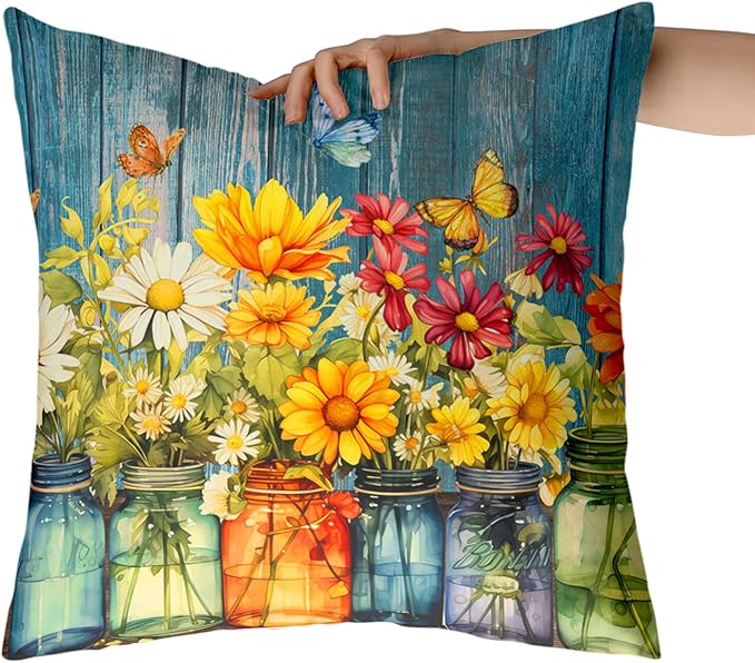 Daisy Vase Pillow Covers 18x18 Set of 2 Rustic Floral Sunflower Wood Board Decorative Throw Pillow Cases Spring Summer Vintage Flowers Outdoor Pillowcase for Farmhouse Couch Sofa Decor