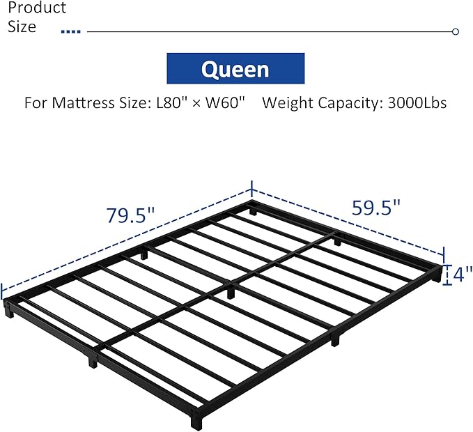 4 Inch Queen Bed Frame, Heavy Duty Metal Platform Low Bed Frame Queen Size, No Box Spring Needed, Noise Free, Easy Assembly, Black