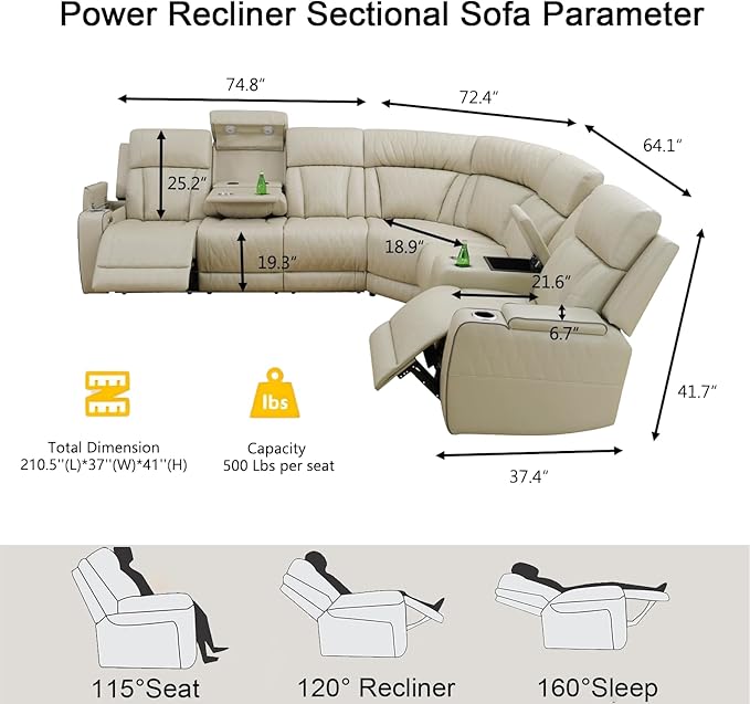 Power Reclining Sofa Set with LED Light, Living Room Furiture Set,Leather Reclining Sectional Couch with USB Port/Cup Holder for Living Room Home Office