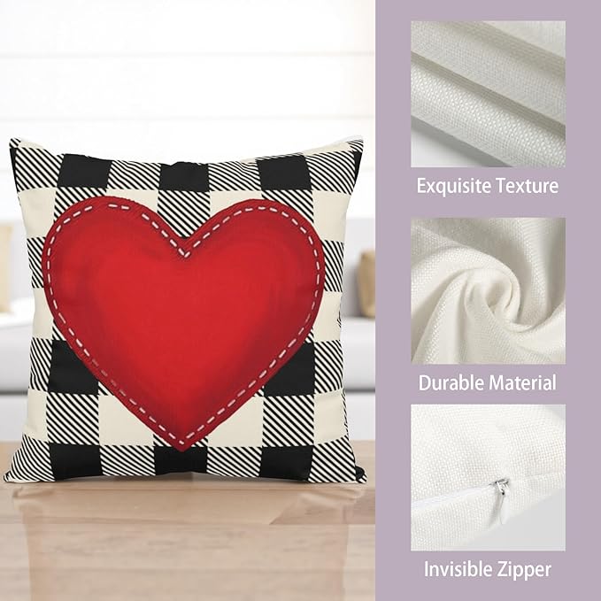 Valentines Outdoor Pillow Covers 16x16 Set of 2 Red Love Heart Throw Pillow Cover Black and White Buffalo Plaids Valentine Decorative Pillow Case for Bed Couch Sofa