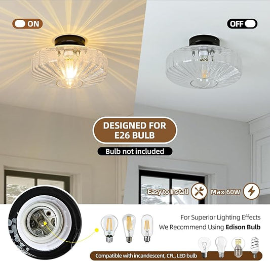 Glass Semi Flush Ceiling Lights - 12 in Vintage Mid Century Modern Lighting Fixture - Black Drum Unique Art Deco Mount Light Fixtures for Hallway Entry Way Hall Kitchen Dining Laundry Room Foyer Porch