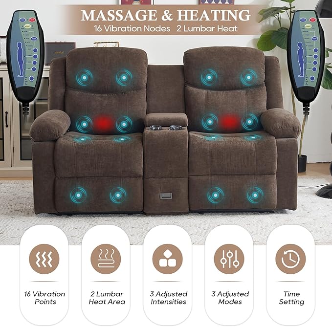 Loveseat Recliner Sofa, Manual Recliner Loveseat with Console, Modern Chenille Sofa Sleeper Deep Couches with Cup Holders and Side Pocket for Living Room/Office/Apartment (Brown) | Heating and Massage, Hidden Drawer