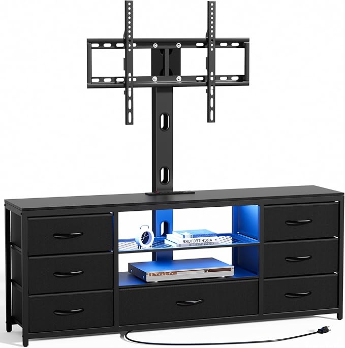 TV Stand with Mount and 7 Fabric Drawers, Led Entertainment Center with Power Outlets for 32 45 55 60 65 70 inch TVs, Black Dresser with Open Shelves, Media Console Cabinet for Living Room Bedroom