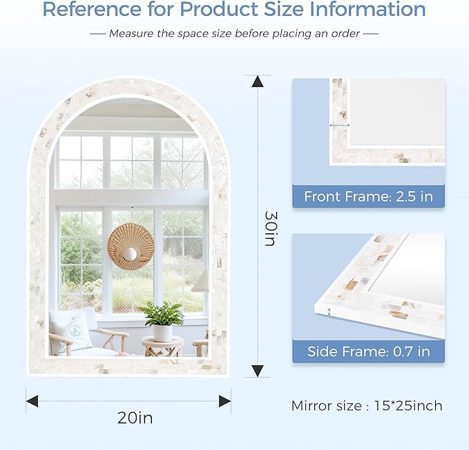 Tanmicoshomy Arched Bathroom Mirror 20x30 Inches, Natural Shell and White Wood Framed Mirrors with Tempered Glass for Bathroom Living Room Bedroom or Entryway