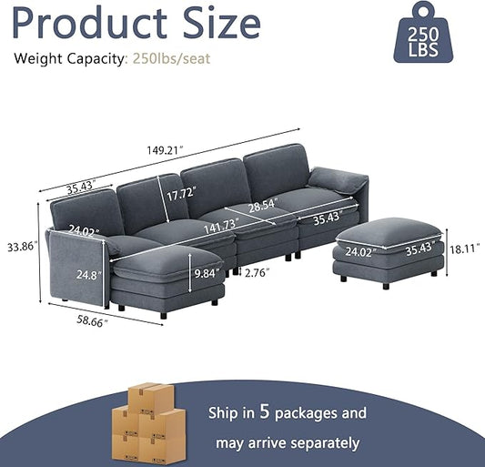 150" U Shaped Cloud Couch Sectionals Comfy Grey Sectional Couches for Living Room Modern Fluffy Oversized Modular Sofas, Chenille Large Big 6 Seat Sofa Set
