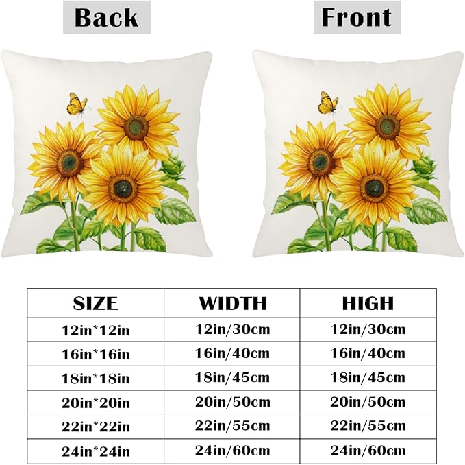 Sunflower Throw Pillow Covers 22x22 Set of 2 Watercolor Yellow Floral Decorative Pillow Cases Summer Outdoor Farmhouse Throw Pillows for Home Couch Sofa Porch Living Room
