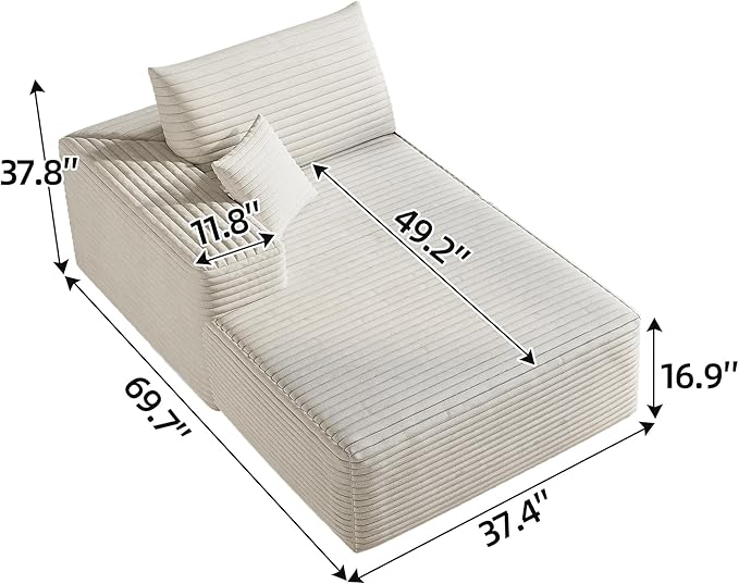 107" Corduroy Couch for Office, Cloud L Shape Sofa, Deep Seat Comfy Couches for Living Room Bedroom Apartment, Compressed Foam No Assembly Required, Left Facing Chaise, White