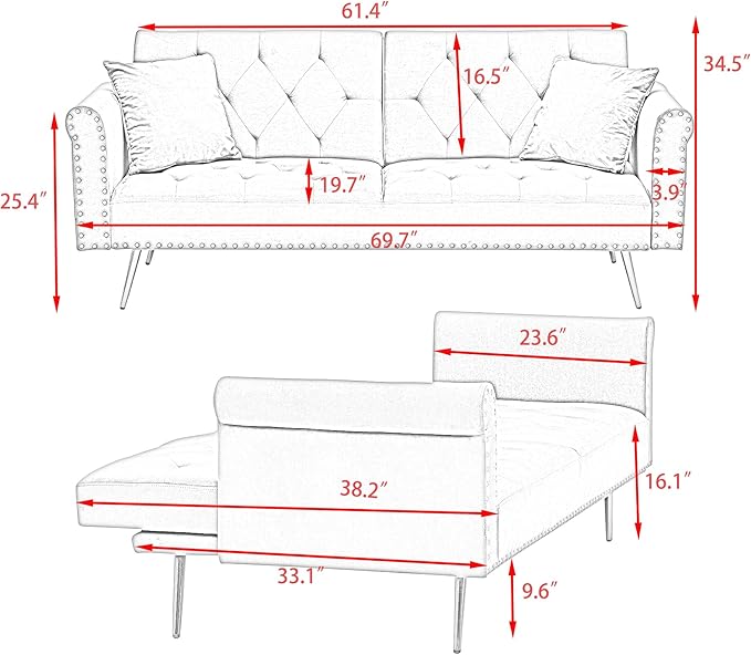 Convertible Futon Sofa Bed , Adjustable Sleeper Couch Modern Velvet Tufted Recliner Reversible Loveseat Folding Daybed Guest Bed Sofacama w/ Nailhead Trim and Golden Metal Legs for Living Room Office