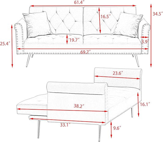 Convertible Futon Sofa Bed , Adjustable Sleeper Couch Modern Velvet Tufted Recliner Reversible Loveseat Folding Daybed Guest Bed Sofacama w/ Nailhead Trim and Golden Metal Legs for Living Room Office