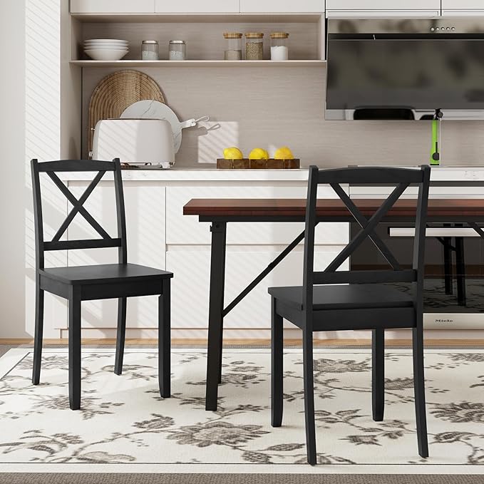Giantex Wood Dining Chairs Set of 4, Armless Kitchen Chairs w/Rubber Wood Legs & Curved Backrest, Farmhouse Cross Back Diner Chairs, Wooden Side Chairs for Home Dining Room, Load 400 LBS, Black