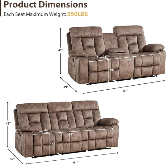 EBELLO 2 Pieces Recliner Sofa Couch Furniture Set, Overstuffed Reclining Loveseat Recliner Couch and Wide 3PC Bonded Sofa Set for Living Room, Brown