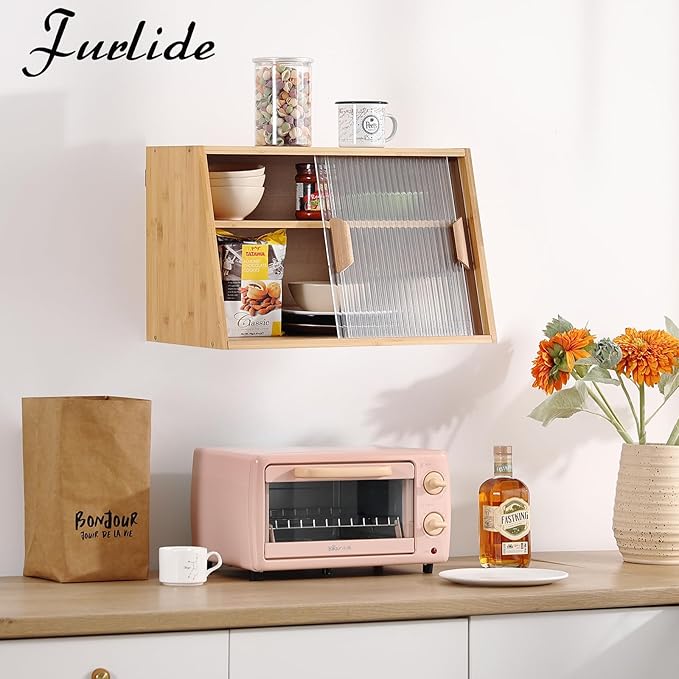 Wooden Countertop Storage, Small Bamboo Kitchen Pantry Sideboard with 2 Glass Sliding Door, Pantry Storage Cabinet for Kitchen, Living Room, Dinning Area and Bathroom, Wood