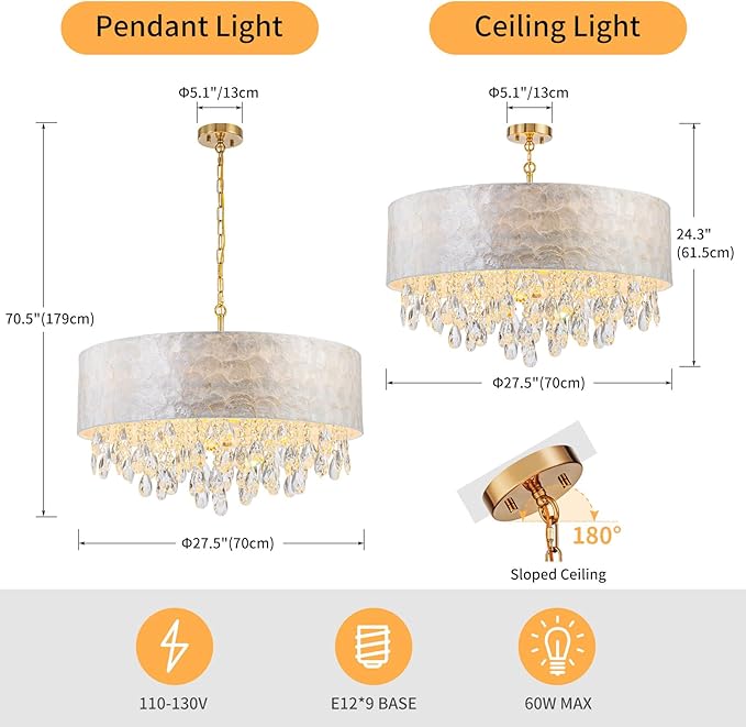 8-Light Drum Capiz Shell Crystal Chandeliers, Coastal Style Pendant Light Fixture for Dining Room, Living Room, D24 x H23~71 inch(Adjustable), Shell Lampshade & Gold Finish