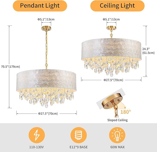 8-Light Drum Capiz Shell Crystal Chandeliers, Coastal Style Pendant Light Fixture for Dining Room, Living Room, D24 x H23~71 inch(Adjustable), Shell Lampshade & Gold Finish