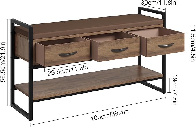 Shoe Bench, 39.4" Shoe Storage with Cushion, Industrial Rack Organizer with Fabric Drawers for Entryway, Hallway, Brown