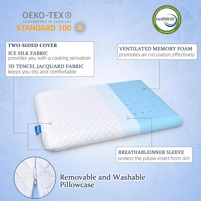 SofGlowly Thin Flat Pillow for Sleeping – 3.25" Ultra Slim Cooling Memory Foam Pillow for Stomach & Back Sleepers, Low Profile Neck Alignment Design with Soft Washable Cover,Supportive & Comfortable