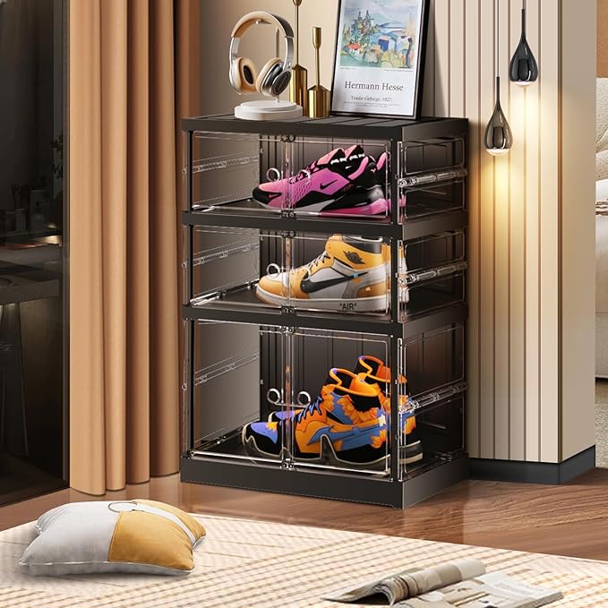 3 Tier Foldable Shoe Rack for Closet Entryway 3-6 Pairs Stackable Clear Shoe Storage Boxes with Lids Small Shoes Shelf with Door Plastic Organizer Cabinet Easy Assembly Black