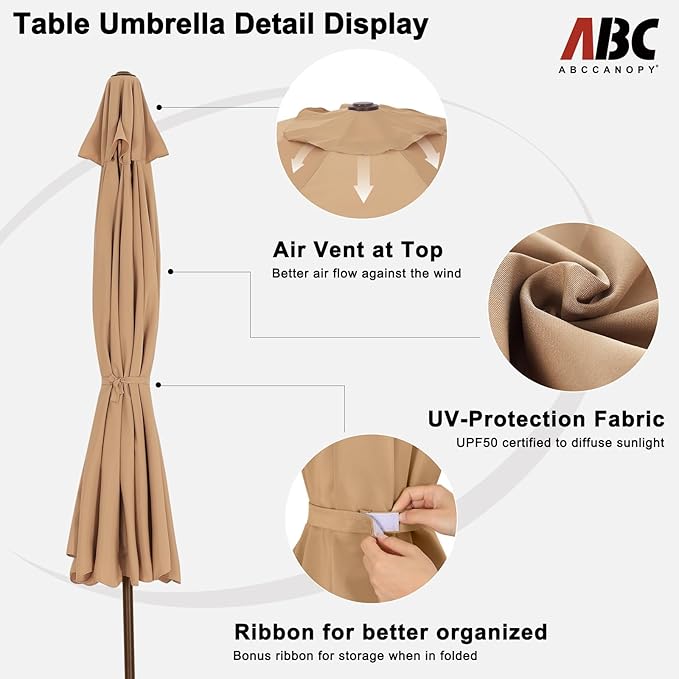 ABCCANOPY 7.5ft Scalloped Patio Umbrella, Outdoor Table Umbrella with Tilt and Crank, Fiberglass Ribs Deck Umbrella for Patio, Pool, Garden, Picnic (Khaki)