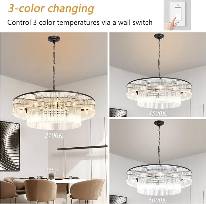 Black Glass Chandelier, Large Modern 2-Tier Glass Rod Chandelier Lighting for High Ceiling Foyer Hall Staircase, 12-Light Round Hanging Ceiling Light Fixture 39"