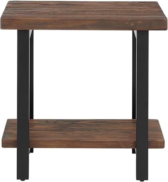 Alaterre Furniture Pomona Living Room Collection – 2-Tier Solid Wood End Table with Natural Finish and Metal Legs – Modern Farmhouse Accent or Home Décor (Rustic Brown)