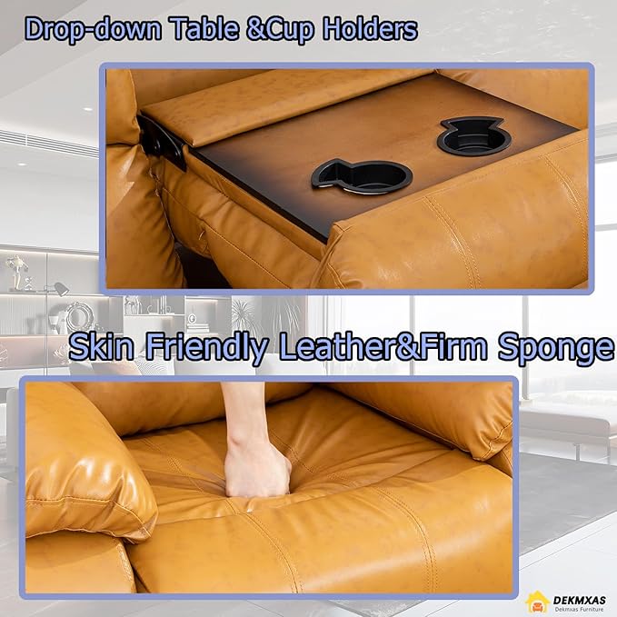 Manual Recliner Sofa Set Vegan Leather Reclining Sofa Set Living Room Furniture Sets Loveseat Couch Chair Set with Cup Holders/Storage Console/Drop Down Table for Home/Office (Ginger,3PCS Set)