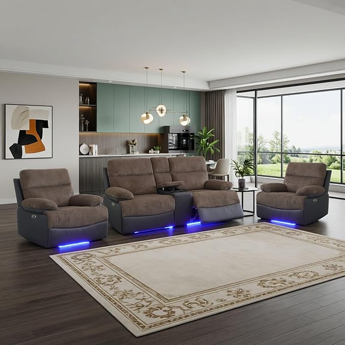 Power Corduroy Recliner Sofa Set with LED Light,Reclining Loveseat and 2*Chairs Set with Storage Console/USB Port/Cup Holder,Corduroy Couch for Living Room Furniture Sets(2+1+1 Seats,Brown)
