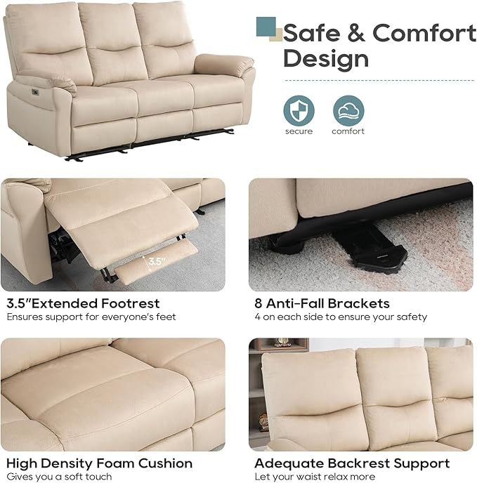 3 Seater Power Reclining Sofa, Loveseat Recliner Sofa Reclining Couch with Drop-Down Table & Cup Holders, Wall Hugger Sofa Recliner for Living Room Furniture Sets (Beige)