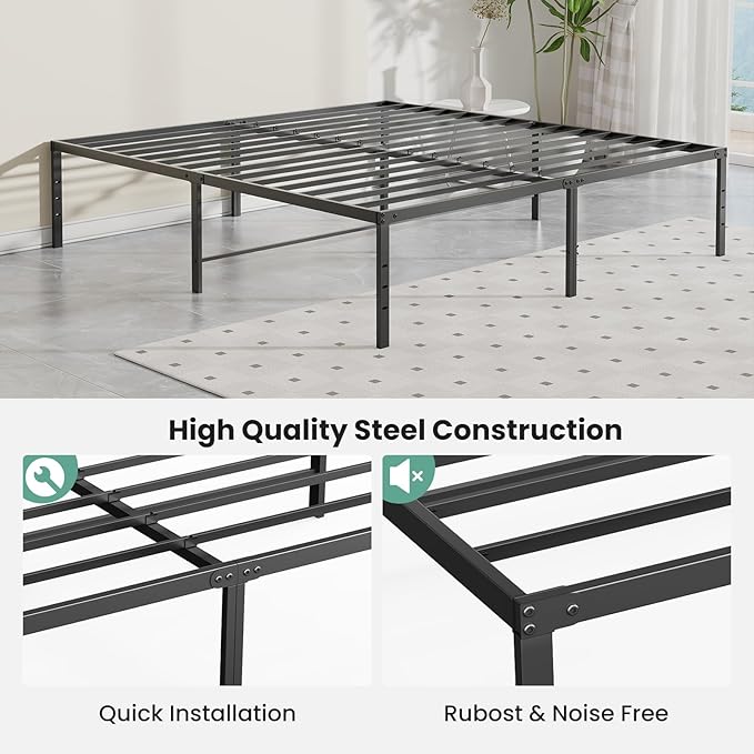 Sweetcrispy King Size 18 Inch Platform Bed Frame, Heavy Duty Metal Foundation Frame, Noise-Free Sturdy Steel Slats, Underbed Storage, No Box Spring Needed, Quick Setup
