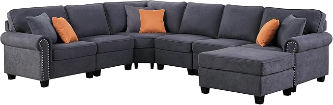 Ball & Cast 116" L-Shaped Sectional Couch with Movable Ottoman & Nailhead Trim Armrest,7 Seat Chenille Upholstered Sofa W/ 6 Throw Pillows,DIY Combination,Comfy Sectionals Set for Living Room,Gray