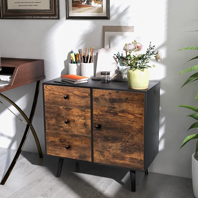 Tangkula Storage Cabinet with 3 Drawers and Door, Industrial Wood Accent Cabinet with Adjustable Shelf, Retro Farmhouse Sideboard Buffet for Kitchen Living Room (Industrial)