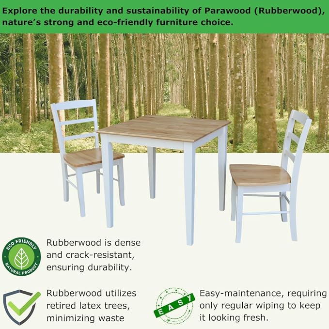 Dining Table Set with 2 Ladderback Chairs Solid Wood Parawood Kitchen/Dining Furniture, Table 30"W x 30"D x 30"H, Chairs 18.1"H x 19.3"D x 35.2"H, Seat 18"W x 18.11"D x 16.34"H