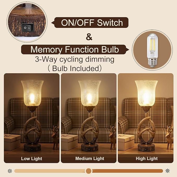 Scenekoy Antler Table Uplight Lamp Set of 2 for Living Room Bedroom, 20.5” Resin Memory Function Bedside Lamps with Glass Shade, Rustic Nightstand Lamp with USB Ports for Home Decor (Bulb Included)