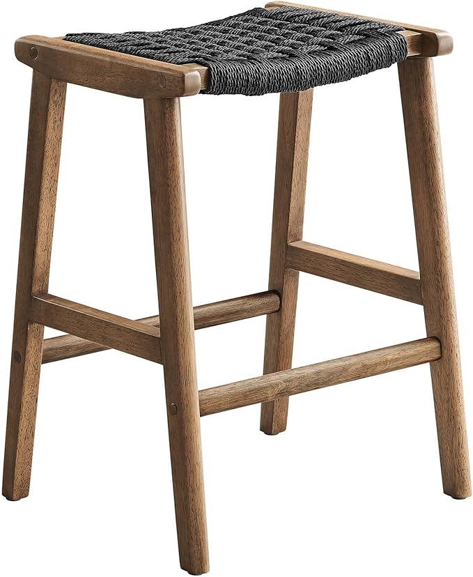 Modway Saoirse Woven Rope Wood Counter Stool - Set of 2 in Walnut Black