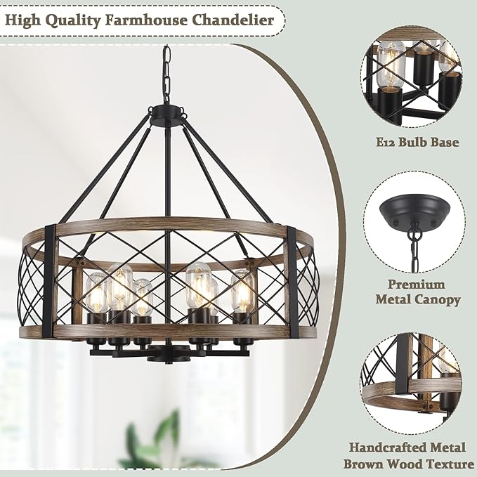 Modern Chandelier for Dining Room, 6-Light Wood Grain Finish Farmhouse Chandelier, 21.6” Brown Rustic Drum Hanging Light Kitchen Island, Round Metal Hanging Light Fixture for Foyer, Entryway, Bedroom