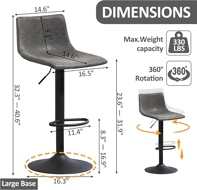 Finnhomy Bar Stools Set of 2 Counter Height, Swivel Barstools with Footrest and L Shape Back, Height Adjustable Modern Bar Chairs, Vintage Leather, Retro Grey