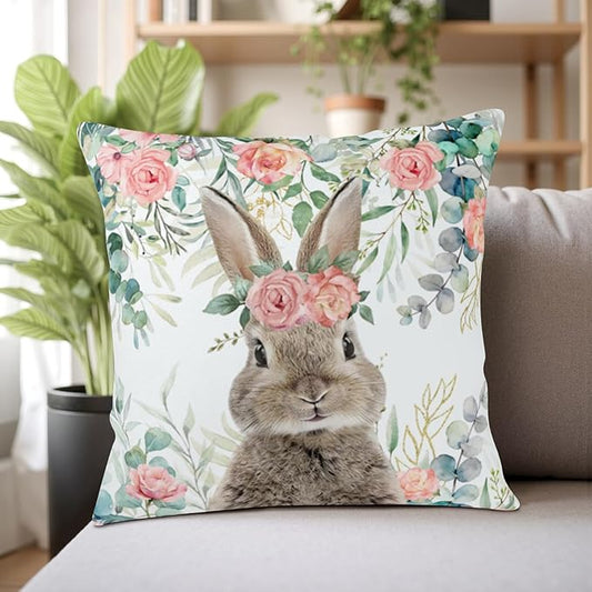 Easter Bunny Outdoor Pillow Covers 22x22 Set of 2 Easter Eucalyptus Leaves Rabbit Throw Pillow Case Spring Watercolor Rose Floral Farmhouse Pillowcase for Home Couch Sofa Decor