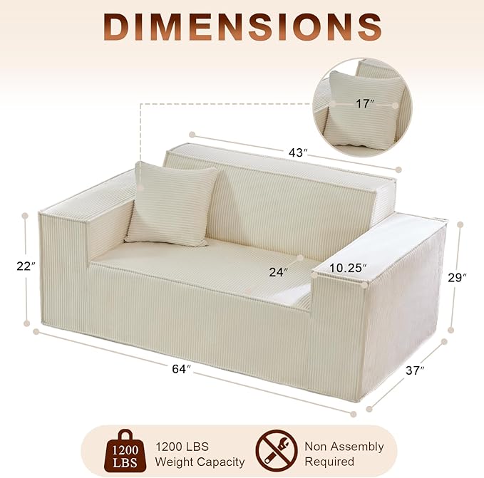 SUYOLS Corduroy Cloud Couch with Pillow, Premium Memory Foam, No Assembly Required, Deep Seat Sofa in Box, Space-Saving Chair for Home, Living Room, Bedroom, Apartment, Office, Loveseat, Beige