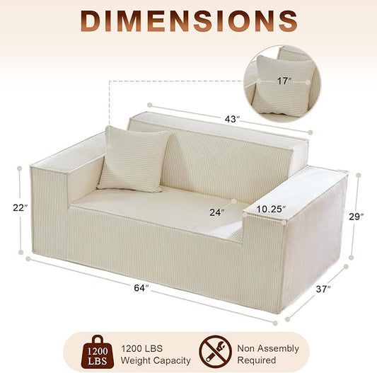SUYOLS Corduroy Cloud Couch with Pillow, Premium Memory Foam, No Assembly Required, Deep Seat Sofa in Box, Space-Saving Chair for Home, Living Room, Bedroom, Apartment, Office, Loveseat, Beige