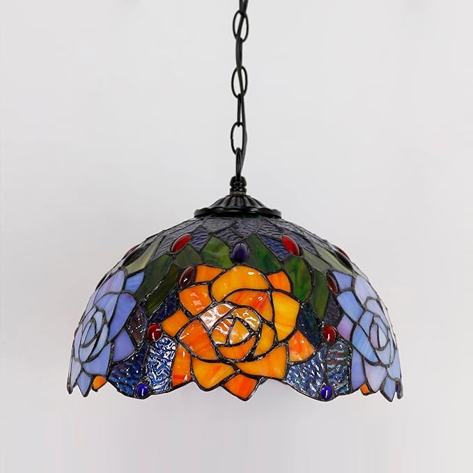 Tiffany Pendant Light Plug in 12 Inch Orange Red Rose Flower Stained Glass Hanging Lamp with Chain 33 Inch, Cord 15 Feet