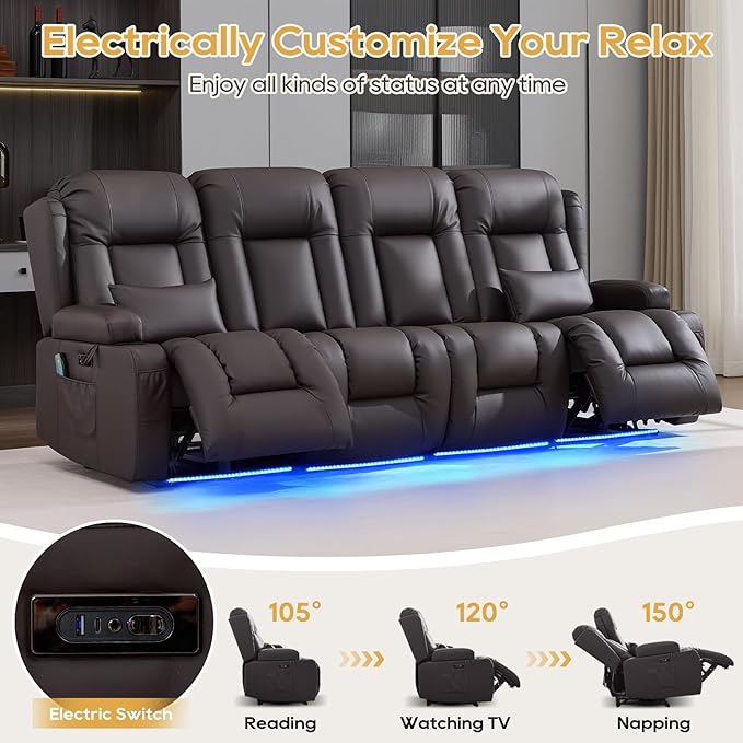 IPKIG Power Recliner Sofa with Flip-Up Backrest Console, USB & USB-C Ports, AC Outlet, LED Lights, Wall Hugger Recliners for Living Room, RV (Brown, 98.7" - 4 Seat) | Faux Leather, Zero Gravity, Dual Reclining, 2 Lumabr Pillow