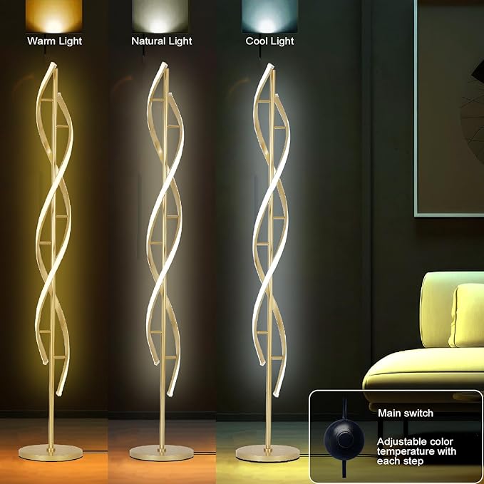DNA 61" Tall Lamp with Dimmable Rmoete Control,Gold Spiral Beside Corner Modern Floor Lamp for Bedroom,3 Color Temperatures Lamp Standing Lamp for Living Room,Dining Room(Gold)
