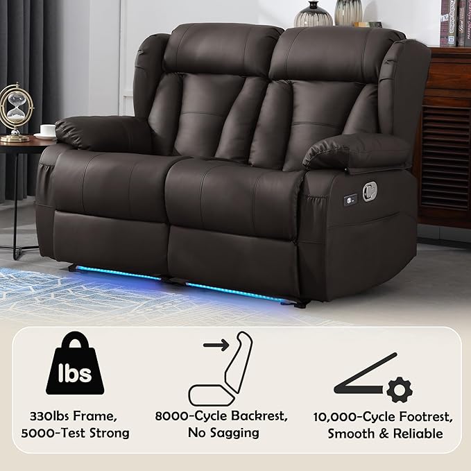 59" Loveseat Recliner Sofa, Manual Reclining Double Loveseat with USB-A & USB-C Ports/LED Lights, RV Couch for Living Room & Home Theater with Cup Holders/Side Pockets (Brown with LED)