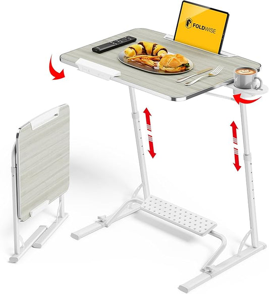 FoldWise Upgraded Folding TV Tray Table - Extra Large & Sturdy Laptop Table for Couch, Height & Angle Adjustable Desk for Dinner, Work & TV - Includes Footrest, Cup Holder, iPad Holder & Edge Stopper