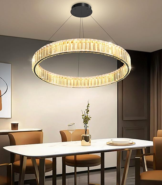 24'' Modern Ring Chandelier Crystal Chandeliers for Dining Room Round LED Dimmable Ceiling Light Fixture for Living Room Bedroom Lighting Black