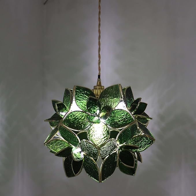 Bieye L11042 Petals Tiffany Style Stained Glass Ceiling Pendant Light for Home Decoration (Textured Deep Green, 12" Rose Lily)