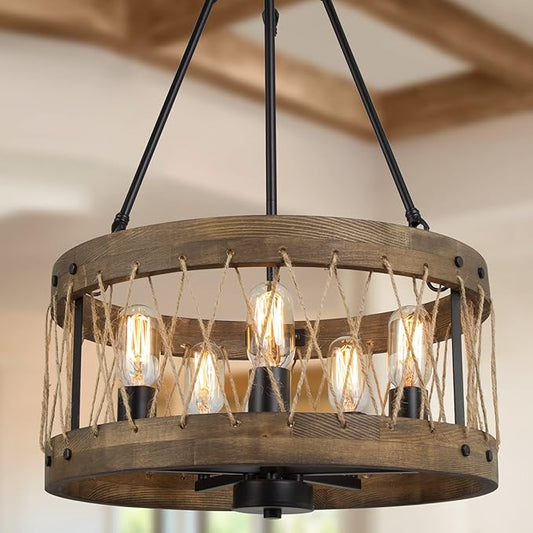 LALUZ Farmhouse Chandelier for Dining Room, 18’’ Round Wooden Chandelier, Hemp Rope Rustic Chandelier for Kitchen Island, Foyer