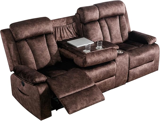 GUEAPY 3 Seat Power Reclining Sofa,Massage Reclining Couch with Heat–Power Reclining Couches with USB/Type-C Ports/Cup Holders/Storage/Console for Living Room,RV,Office, Aprtment (Warm Brown)